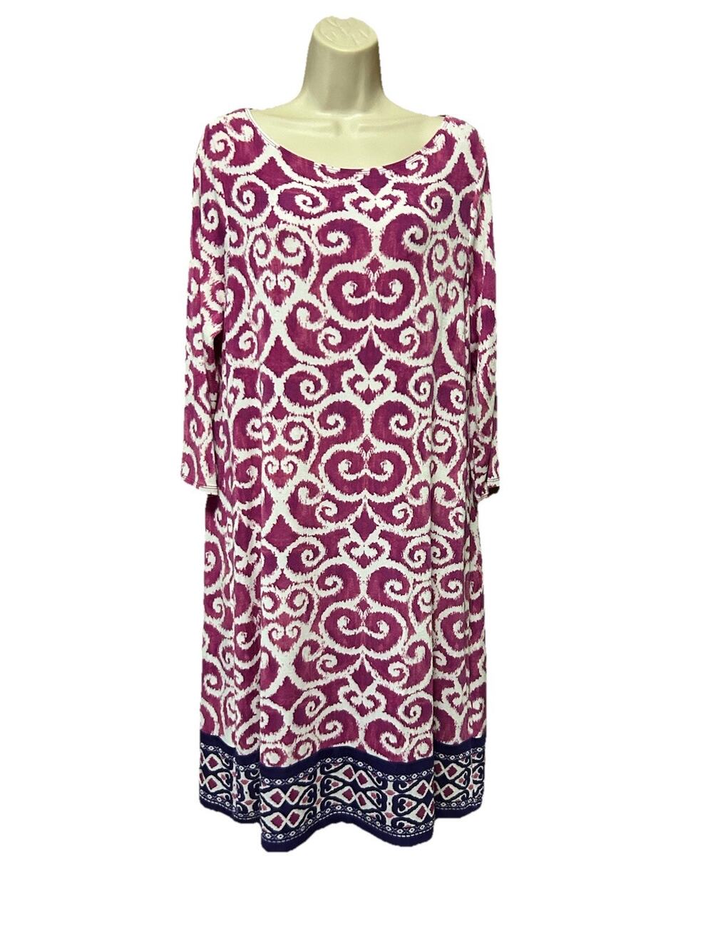 Chicos Travelers size 2 Dress Sheath Midi Ikat Art To Wear Pink Purple F26